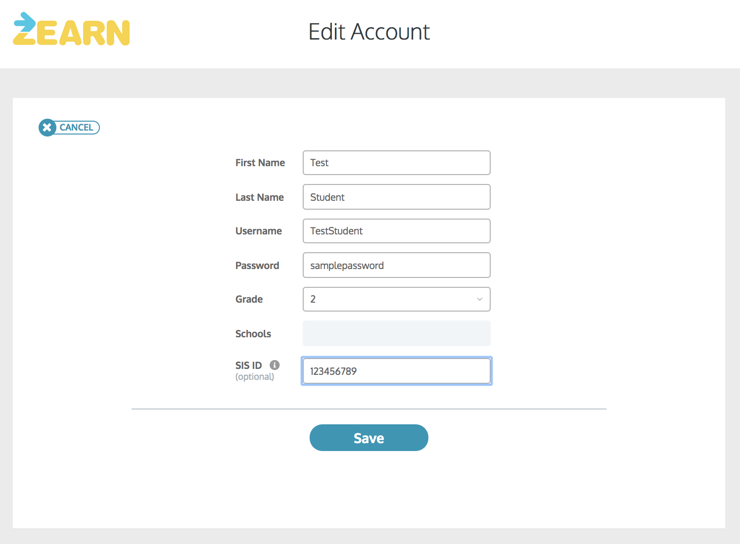 Add a student's SIS ID Zearn